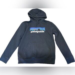 Patagonia black hoodie with blue and purple logo Size Medium regular fit!